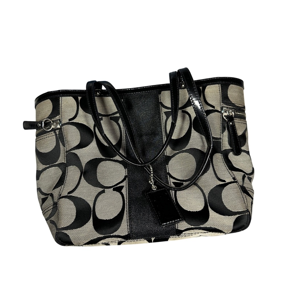 Coach Signature Jacquard Tote Bag Black Grey Patent Leather Trim Teal Lining